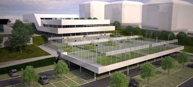 Infografía del nuevo polideportivo que se construirá en Navia y que tendrá varias piscinas, pistas de pádel, campo de fútbol 7 y una pista polideportiva.
