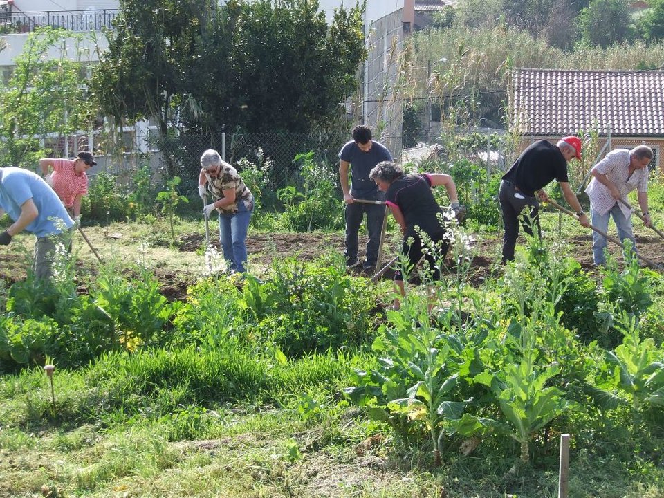Personas trabajando en el huerto de Fontáns, al lado de Ramón Nieto, para preparar el terreno.