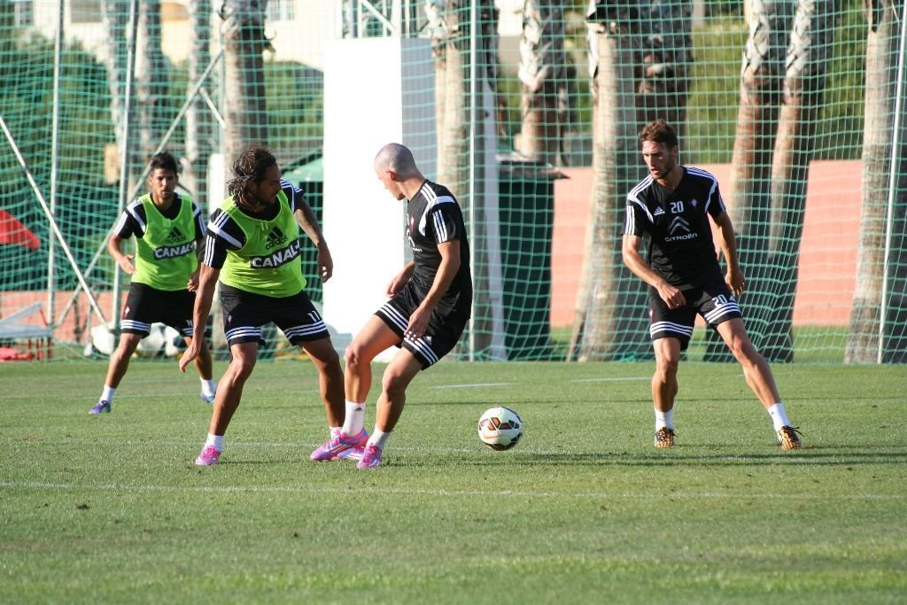 Manuel Agudo 'Nolito', Joaquín Larrivey, Santi Mina y Sergi Gómez, durante uno de los últimos entrenamientos del Celta en Marbella.