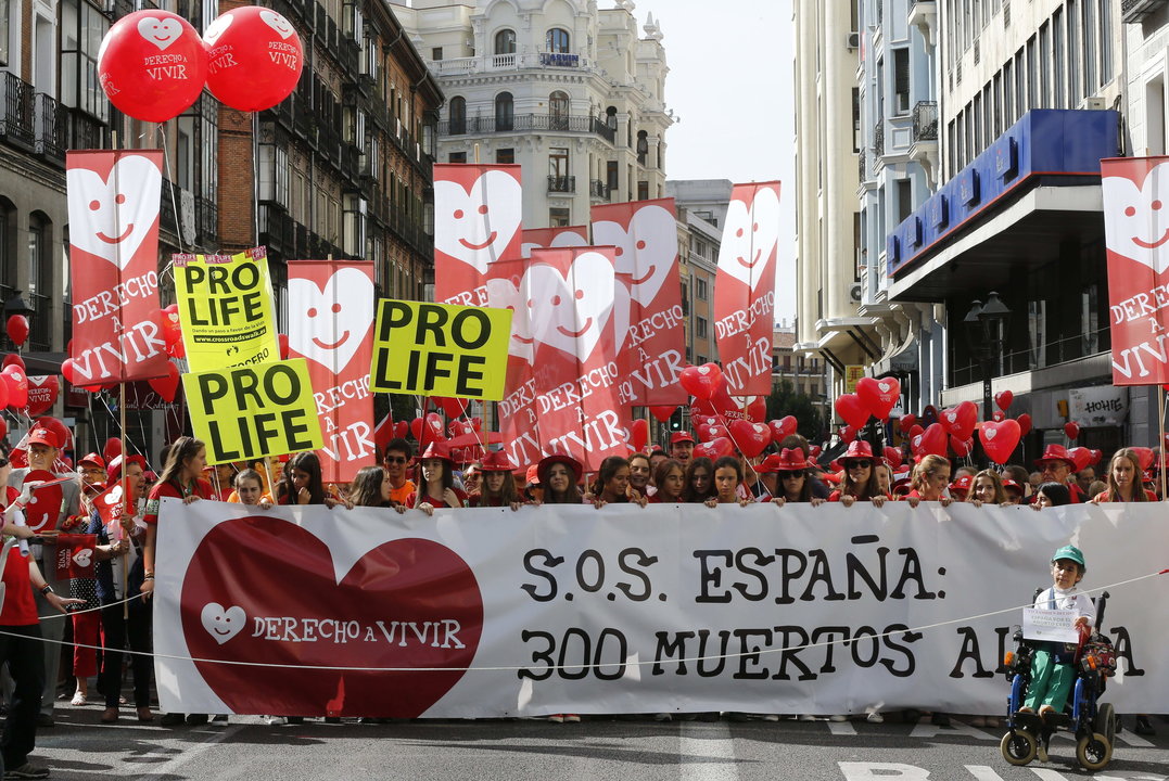 Cabecera de la manifestación celebrada en Madrid convocada por la plataforma Derecho a Vivir y Hazteoir.org.