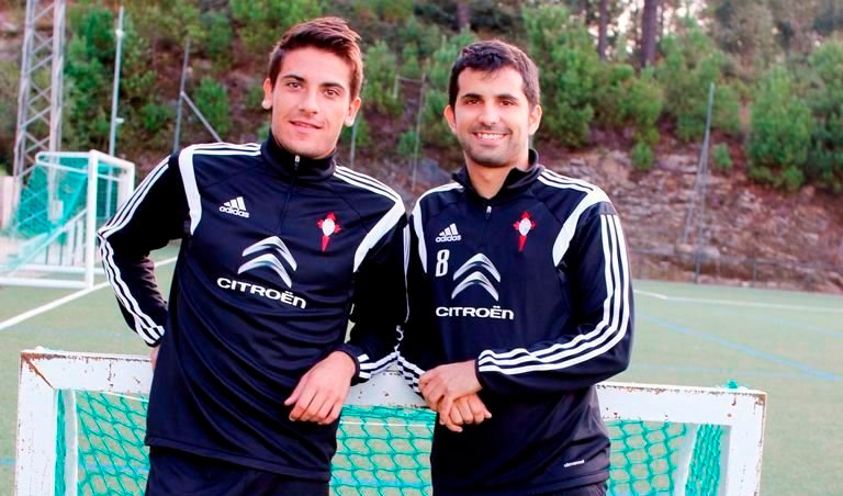 Borja Fernández y Álex López, antes del entrenamiento de ayer en las instalaciones de A Madroa.