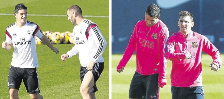 A la izquierda, los jugadores del Real Madrid James Rodríguez y Karim Benzema