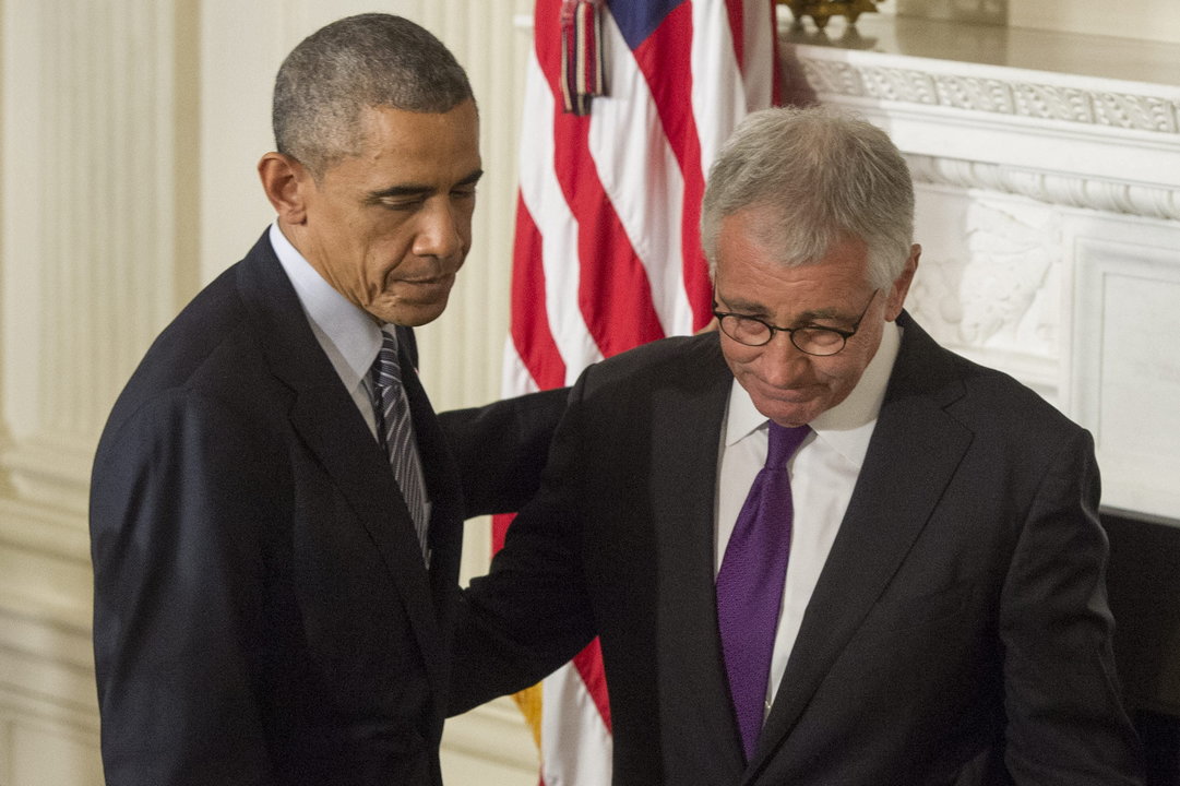 Barack Obama, en el momento de la despedida de su secretario de Defensa, Chuck Hagel.