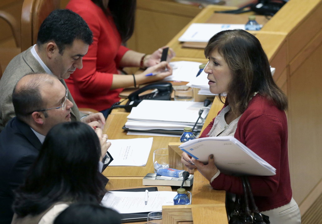 El portavoz parlamentario del PP, Miguel Tellado, habla con la conselleira Beatriz Mato.
