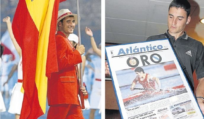 Cal, como abanderado español en Pekín 2008 y con la portada que este diario dedicó a su oro en Atenas.