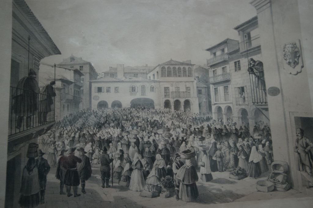 El grabado de J.J. Forrester reproduce un día de mercado de 1848 en la ahora conocida como la Praza da Constitución.