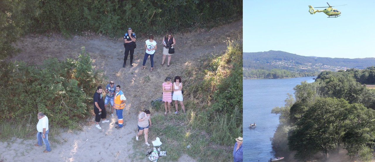Los vecinos siguen el rescate junto al río. Las búsquedas se realizan en el Miño por agua y aire.