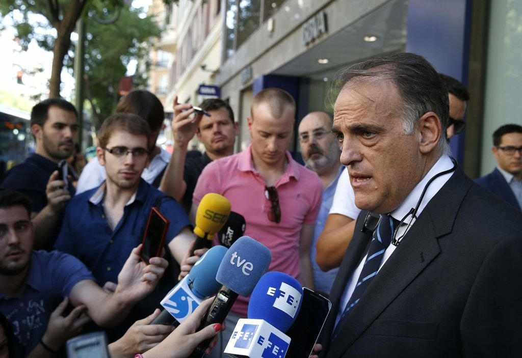 Javier Tebas, presidente de la LFP, a la salida de la vista oral del juicio entre Eibar y Elche.