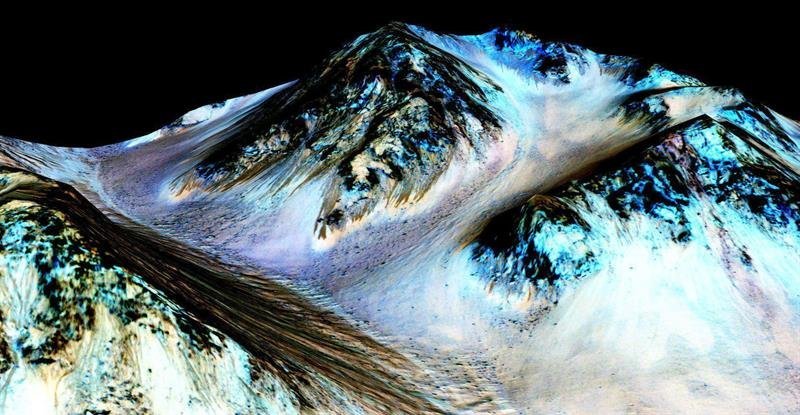 Fotografía que muestra cauces conocidos como surcos lineales (RSL), supuestamente formados por agua líquida en Marte