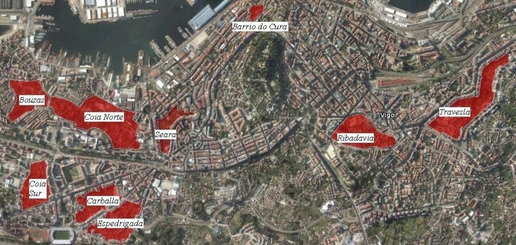 Algunas de las "islas" por urbanizar en el centro urbano de Vigo, entre ellas A Seara y Barrio do Cura, cuyo desarrollo está encima de la mesa.