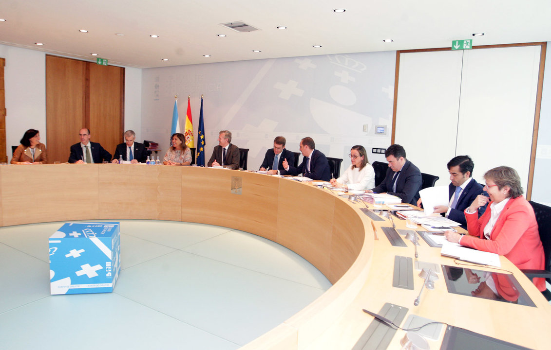 Los miembros del Ejecutivo autonómico, durante la reunión del Consello de la Xunta en Santiago.