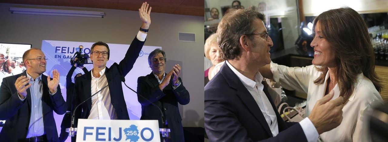 Alberto Nuñez Feijóo, celebra con su novia Eva Cárdenas el resultado electoral (d)