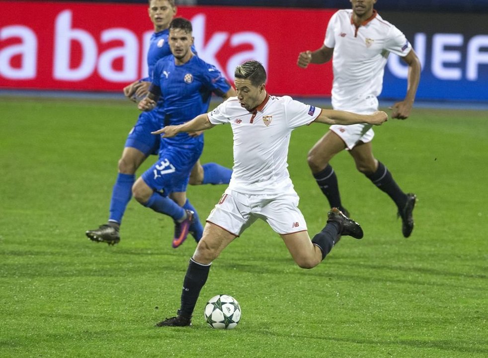El francés Samir Nasri fue el autor del único gol del Sevilla anoche en Zagreb.
