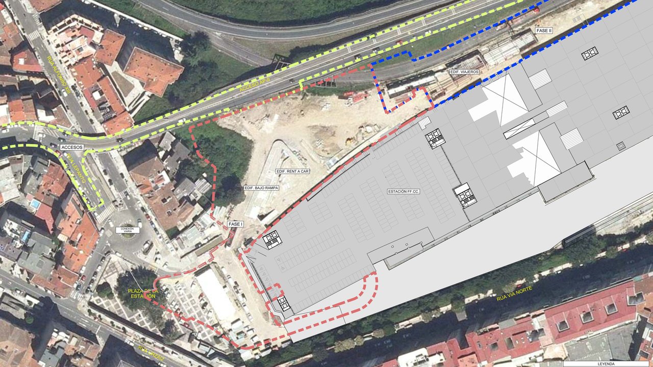 En el gráfico se observa la planta de la estación de Thom Mayne. A su lado iría unida la terminal de autobuses con acceso a la AP-9.