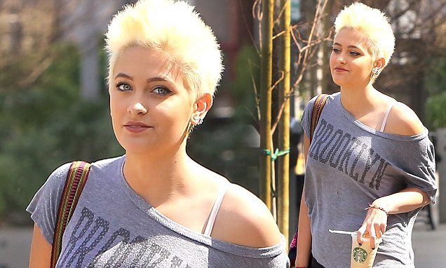 Paris Jackson looks lovely with her platinum blonde spiked hairdo and an off-the-shoulder "Brooklyn" top and leggings as she stops to get Starbucks in Los Angeles, CA. Wednesday, March 2, 2016. FK-ROL/X17online.com