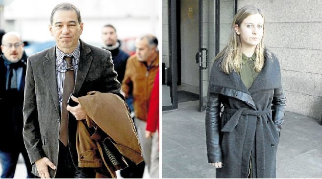 El traumatólogo Pedro Larrauri, juzgado por el caso que acabó en amputación de la pierna a la gimnasta Desirée Vila, a la derecha; ambos al llegar al juzgado, ayer.