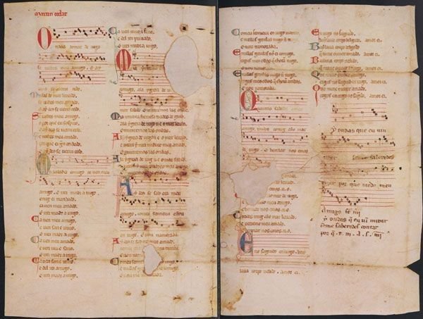 Un detalle del pergamino Vindel, con las siete cantigas de Martín Códax, seis con las anotaciones musicales.