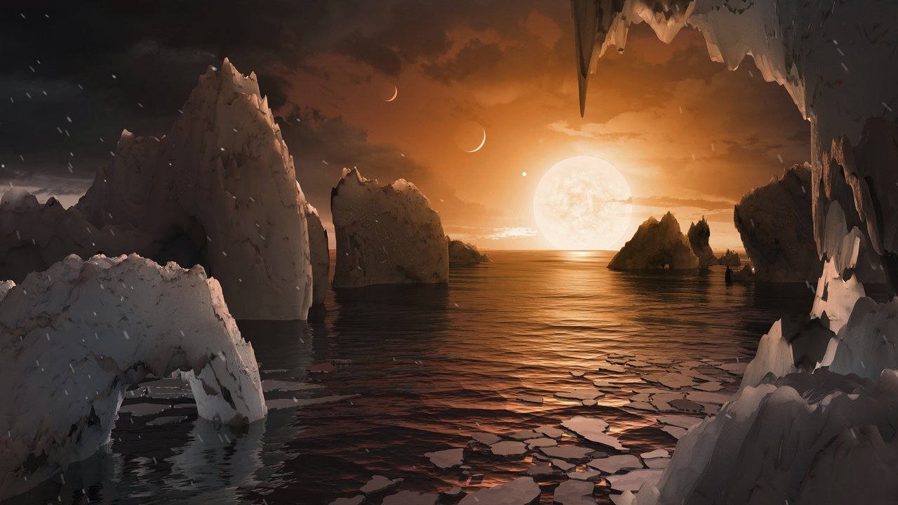 Recreación de cómo podría ser la superficie del exoplaneta TRAPPIST-1f, en el sistema TRAPPIST-1.