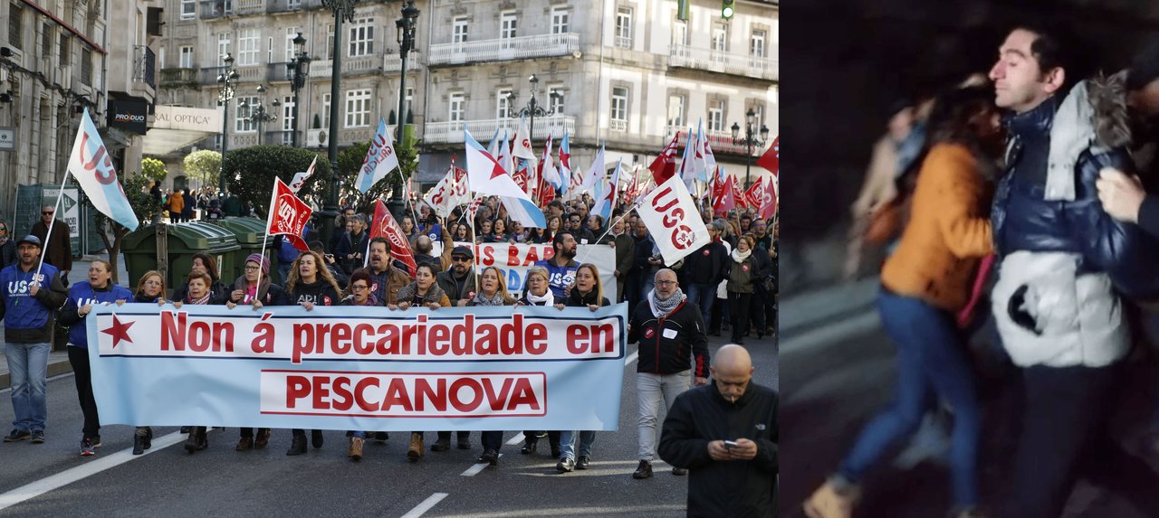 La manifestación recorrió las calles del centro de Vigo. A la derecha el momento de la detención del trabajador de Pescanova.