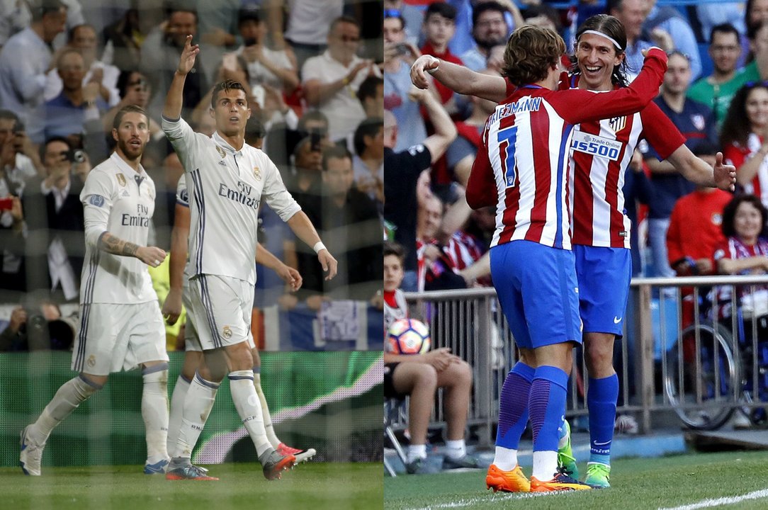 Sergio Ramos y Cristiano Ronaldo (i.) y Griezmann y Filipe Luis (d.) celebran un gol con su equipo.