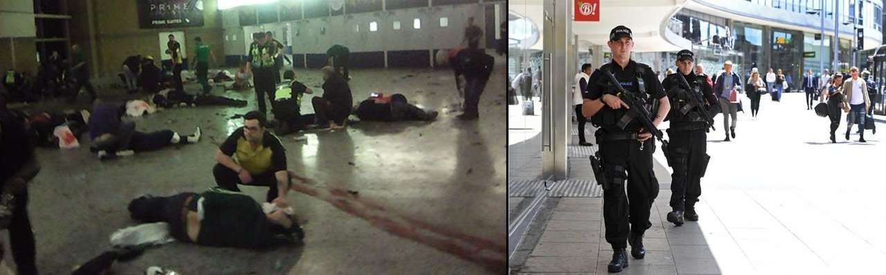 Al menos 22 personas han muerto y 59 han resultado heridas en el Manchester Arena // Agentes de policía patrullan el centro de Manchester