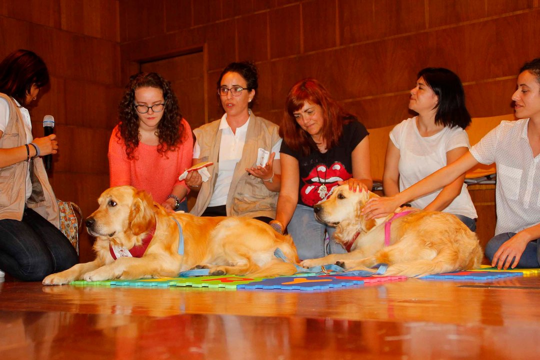 Julia Correa, en el centro es la directora de Yaracan en Vigo, mostró varios ejercicios con perros.