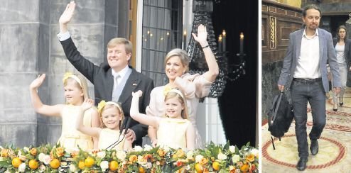 Las princesas Amalia, Alexia y Ariane de Holanda con vestidos de Pili Carrera. A la derecha Pablo Iglesias con americana viguesa