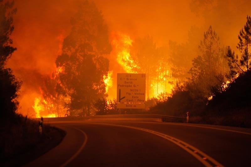 Las llamas se elevan durante un incendio forestal en Pedrogao Grande, distrito de Leiria, centro de Portugal
