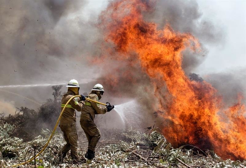 Los soldados de la Guardia Nacional Republicana se enfrentan a un incendio forestal en Capela Sao Neitel, Alvaiazere, en el centro de Portugal