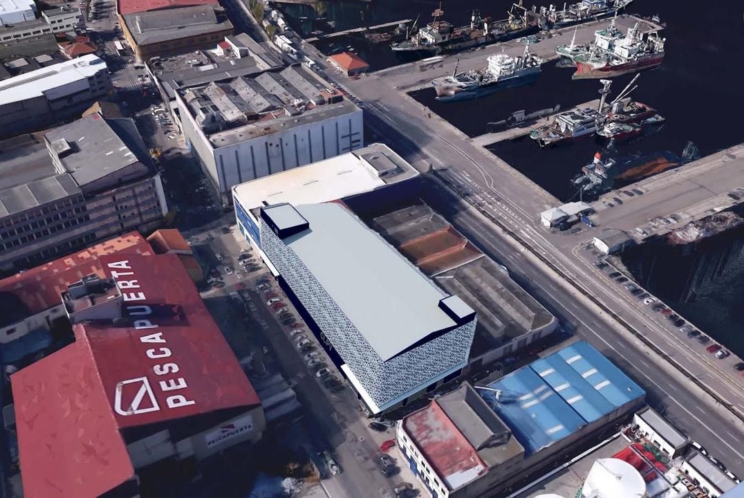 Imagen de cómo quedará la nave industrial frigorífica en Beiramar, al lado del Auditorio, con una carcasa metálica.
