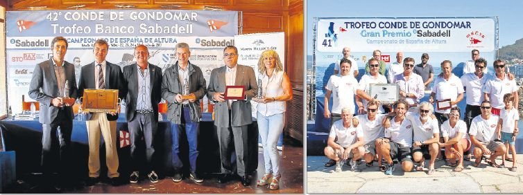 La presentación, en Baiona esta semana, de la nueva edición del Conde de Gondomar-Trofeo Banco Sabadell. A la derecha, la tripulación del “Aceites Abril”, ganadora del pasado año