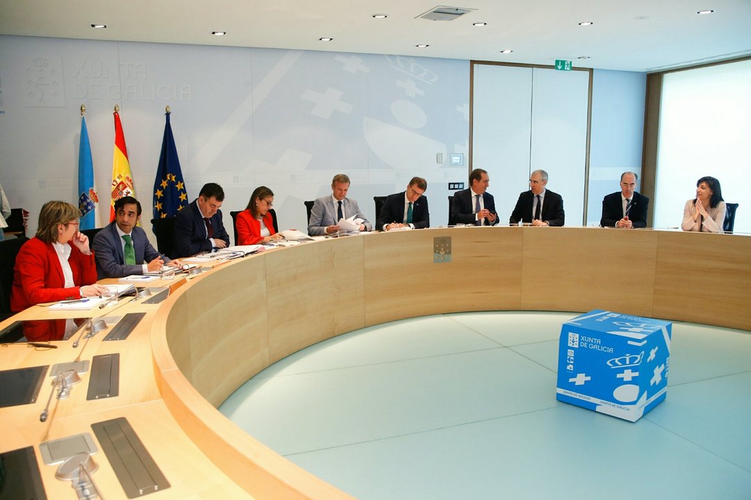 Los miembros del Ejecutivo autonómico, durante la reunión del Consello en Santiago.