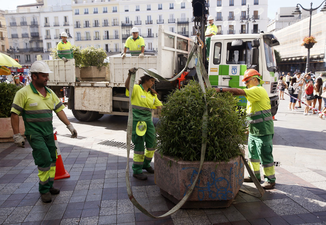 Colocación de jardineras en la calle Montera de Madrid.