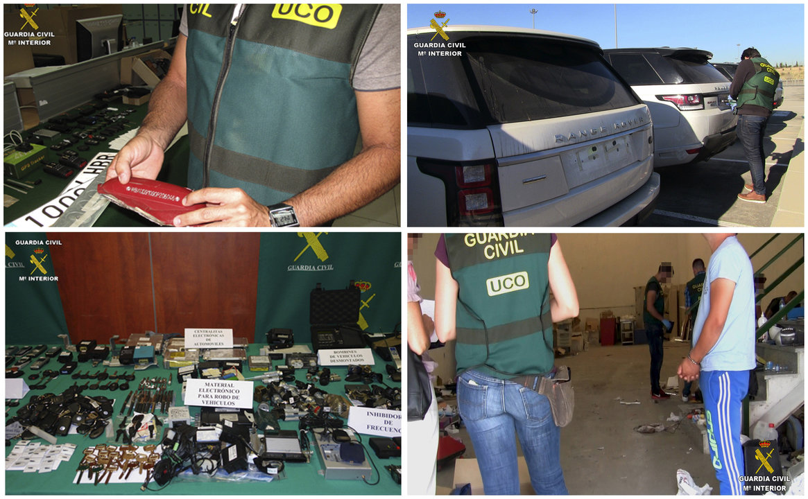 Combo de fotografías de la Guardia Civil relacionadas con el robo de vehículos en España.