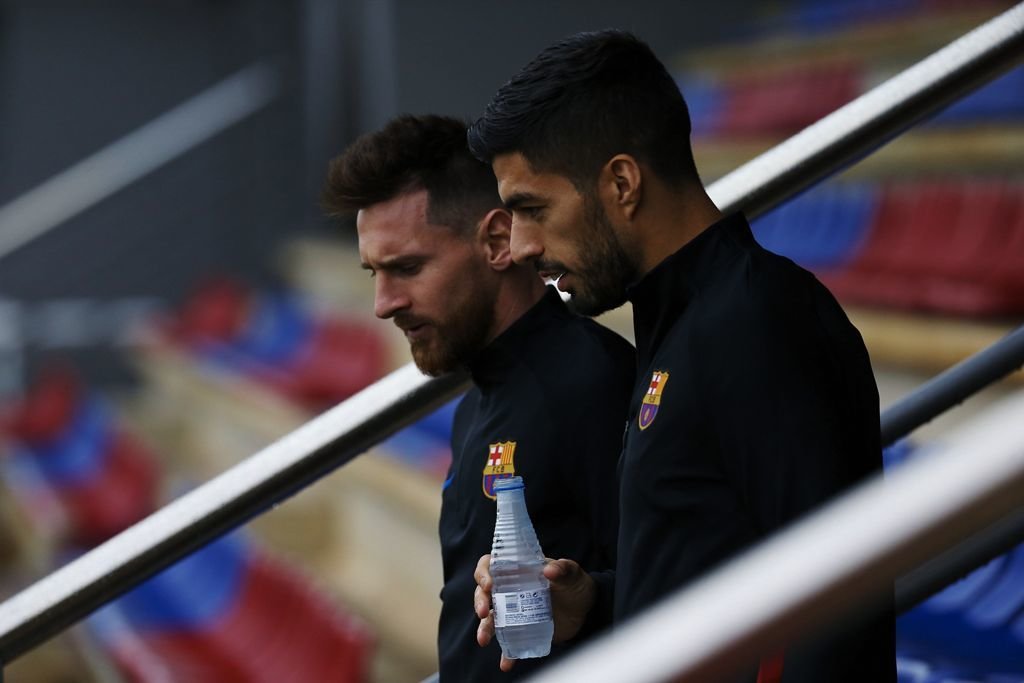 Messi y Luis Suárez, durante el entrenamiento de ayer.