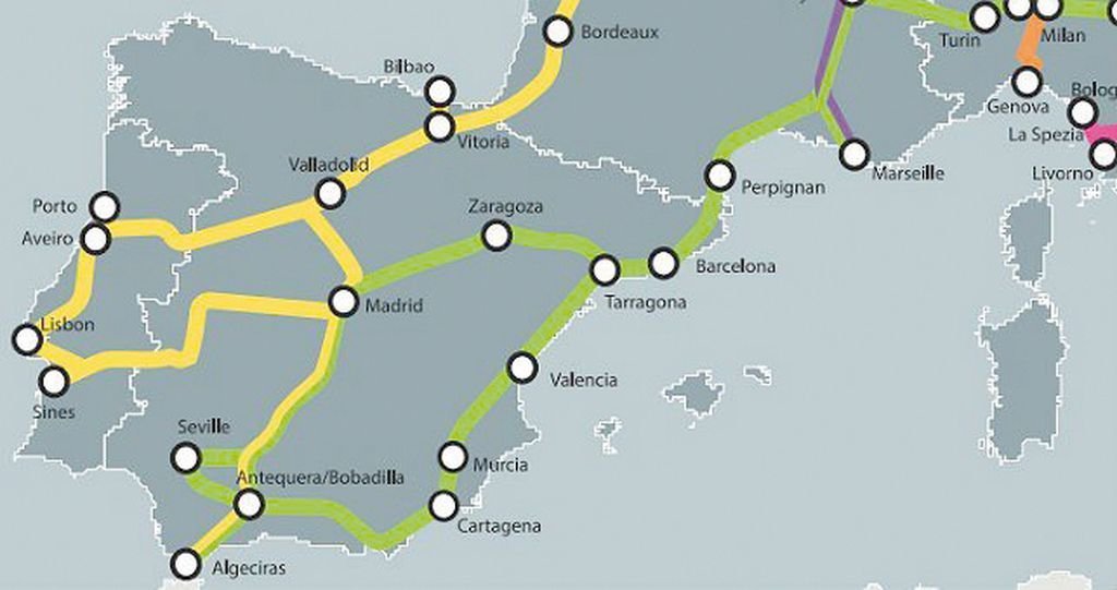 El mapa del actual trazado del Corredor Atlántico. Galicia está fuera de momento.