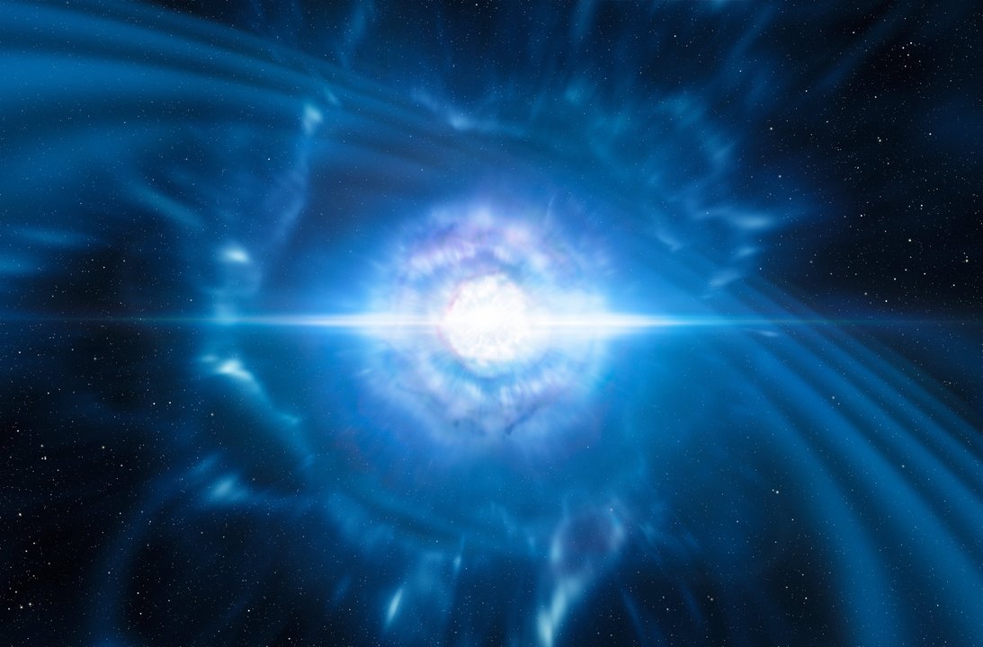 Imagen virtual facilitada por el Observatorio Europeo Austral (ESO) sobre la explosión de una kilonova.