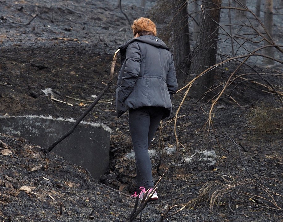 Una mujer pasea por un monte quemado en Os Ancares.