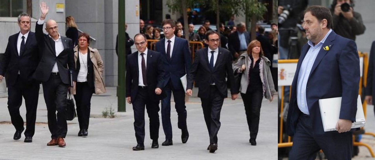 Los siete 'exconsellers' del Govern a su llegada ayer a la Audiencia Nacional. A la derecha el exvicepresidente Oriol Junqueras, que llegó solo. Todos, a prisión