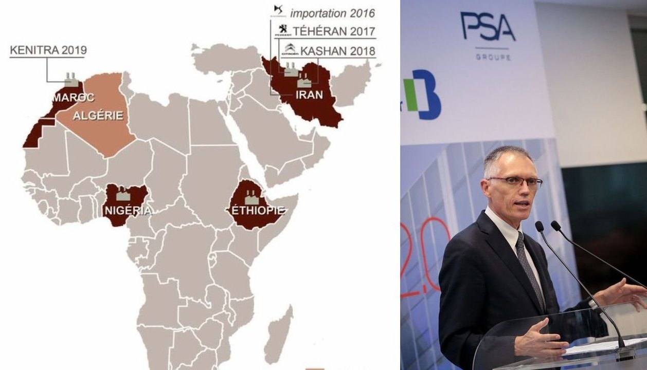 Mapa de implantaciones de PSA en África y Oriente Medio. A la derecha el presidente, Carlos Tavares