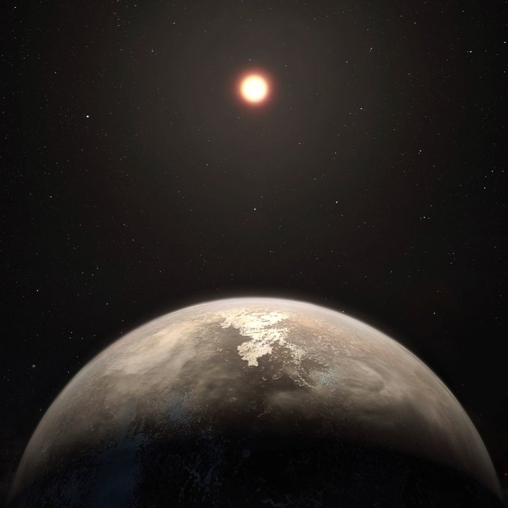 Recreación que muestra al planeta templado &#34;Ross 128 b&#34; orbitando a una estrella enana roja.