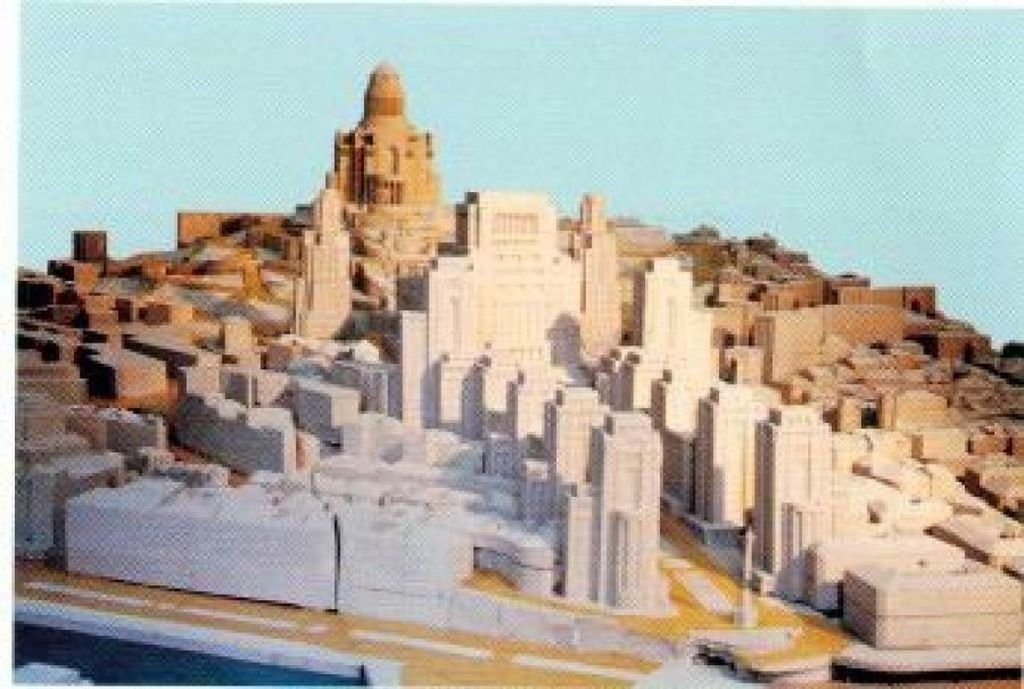 La maqueta del Vigo imaginado por Palacios, con los grandes edificios en el Castro.