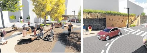 A la izquierda recreación de cómo quedará la plaza entre Sanjurjo Badía y el Barrio de las Flores. A la derecha detalle del muro llorón, una fuente que es una cascada de agua