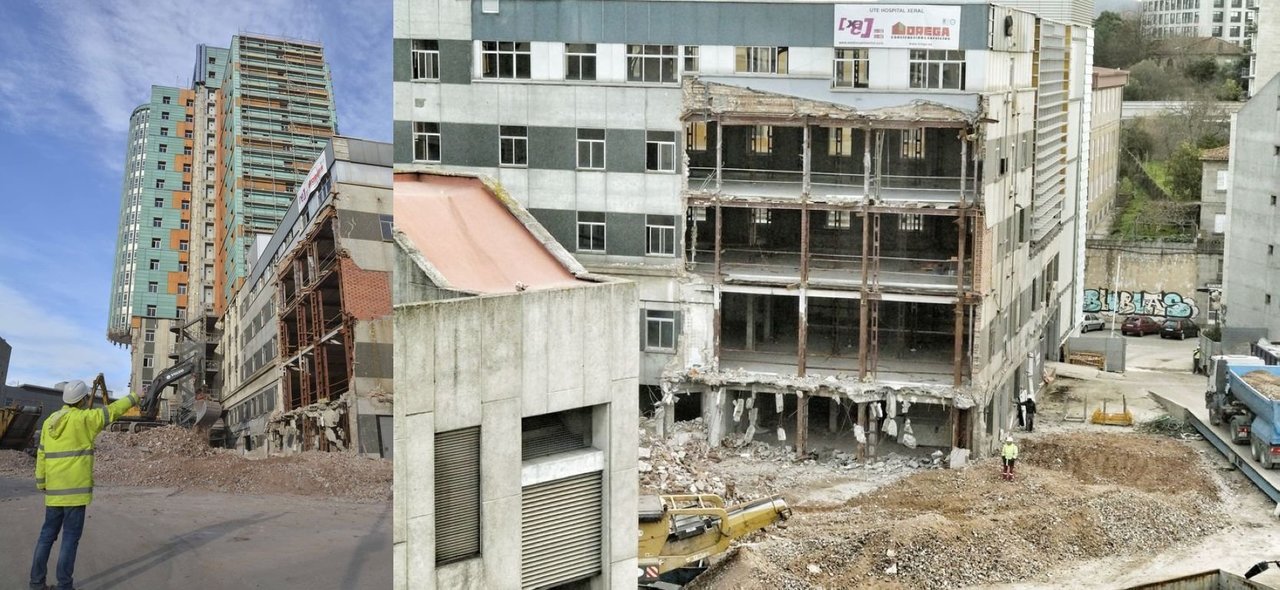 La toirre del antiguo Xeral, ya en parte de nuevo exenta al demolerse uno de los edificios anexos, como se puede contemplar en la foto de la derecha