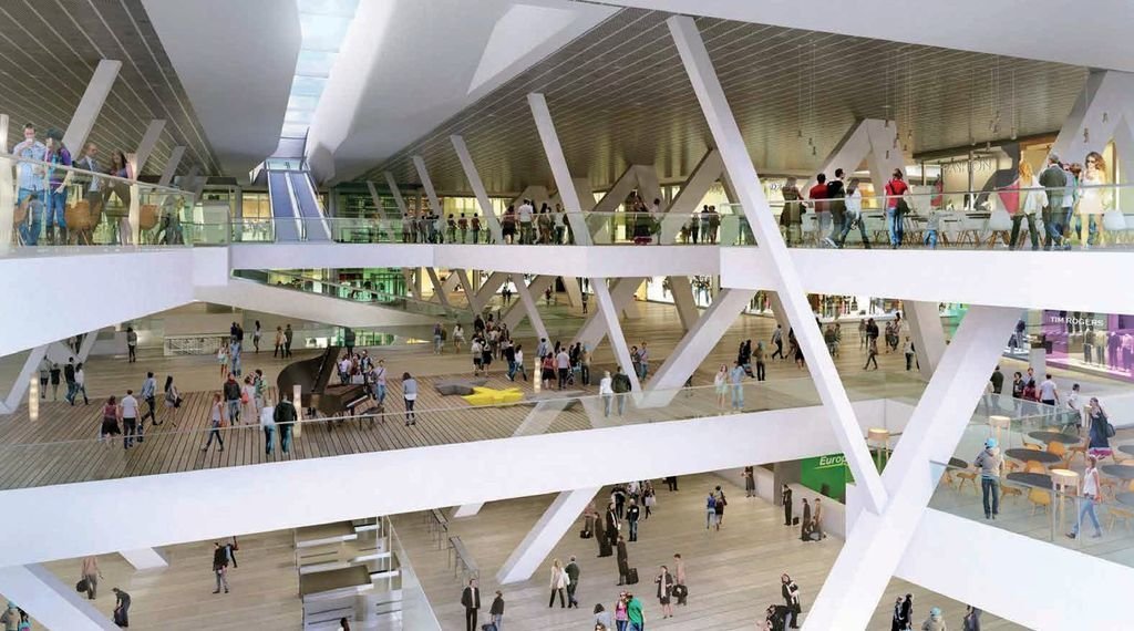 Recreación de cómo será el interior de la estación de Thom Mayne y centro comercial Vialia cuando abra sus puertas.