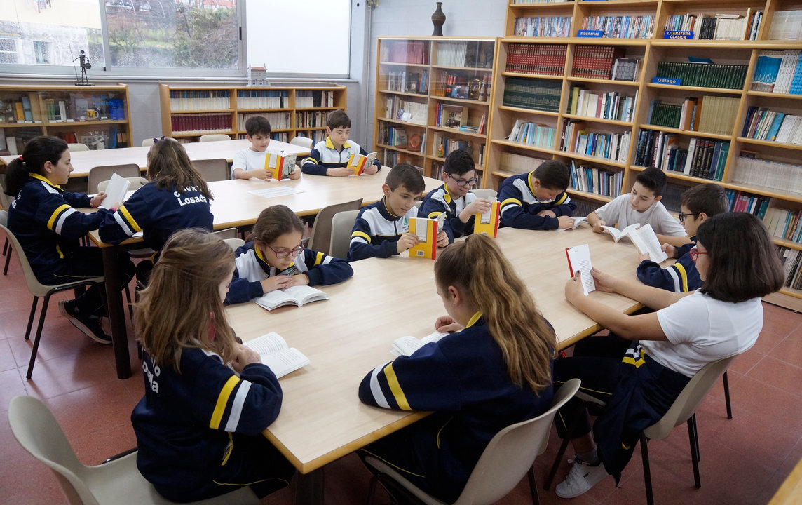 Los alumnos trabajan y realizan actividades en la biblioteca escolar.