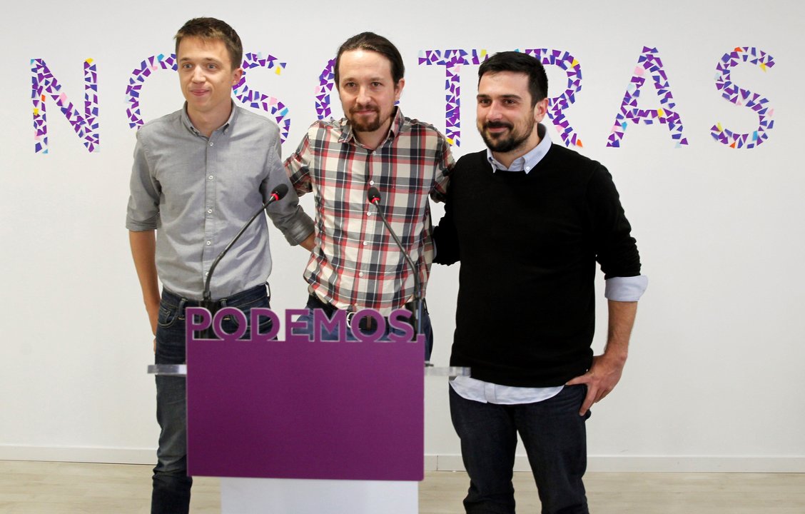 El líder de Podemos, Pablo Iglesias, en el anuncio del acuerdo entre Íñigo Errejón y Ramón Espinar.