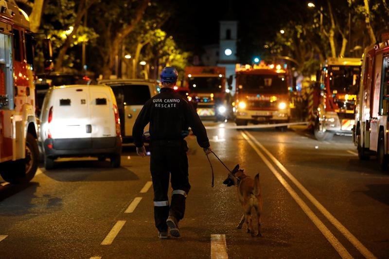 Miembros de la patrulla canina se dirigen al edificio derrumbado en la calle del General Martínez Campos, en el distrito de Chamberí de Madrid