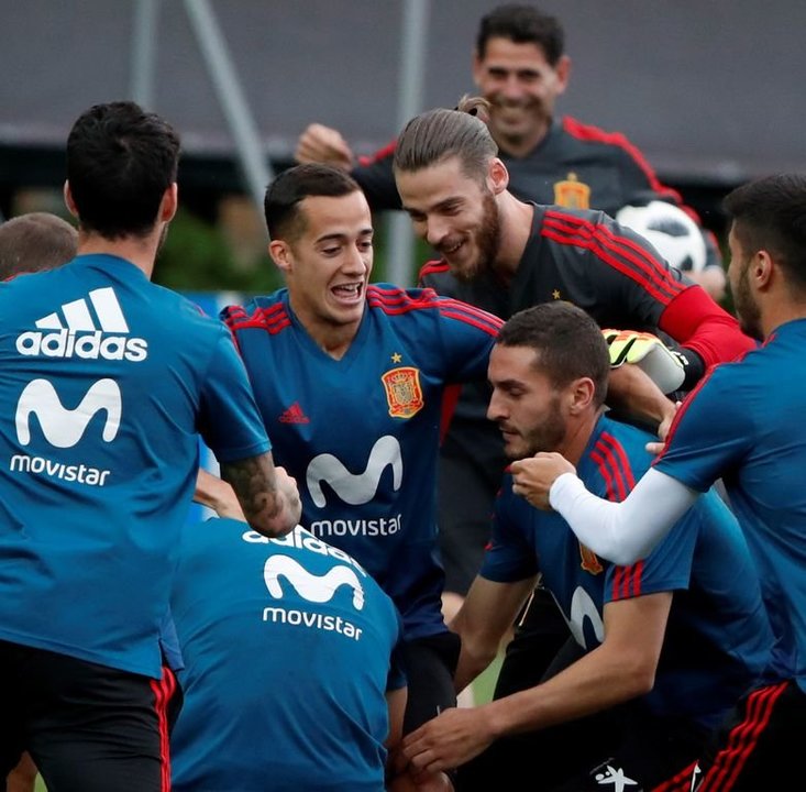 Jugadores de la selección española, entre ellos el portero David de Gea, en un entrenamiento.