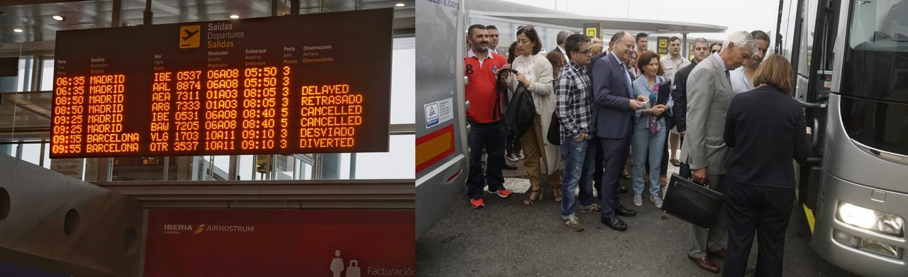 El panel de Peinador con los vuelos cancelados y los usuarios desviados a Santiago en autobús // Vicente Alonso